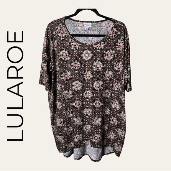 0522. LULAROE IRMA TUNIC SIZE LARGE BROWN, GREEN, AND MAROON IN COLOR SIZE LARGE - Picture 1 of 9